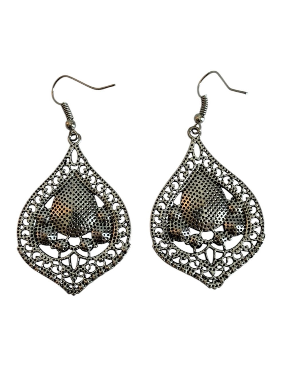 Vintage Silver-Tone Black Teardrop Filigree Dangle Earrings - Picture 2 of 6